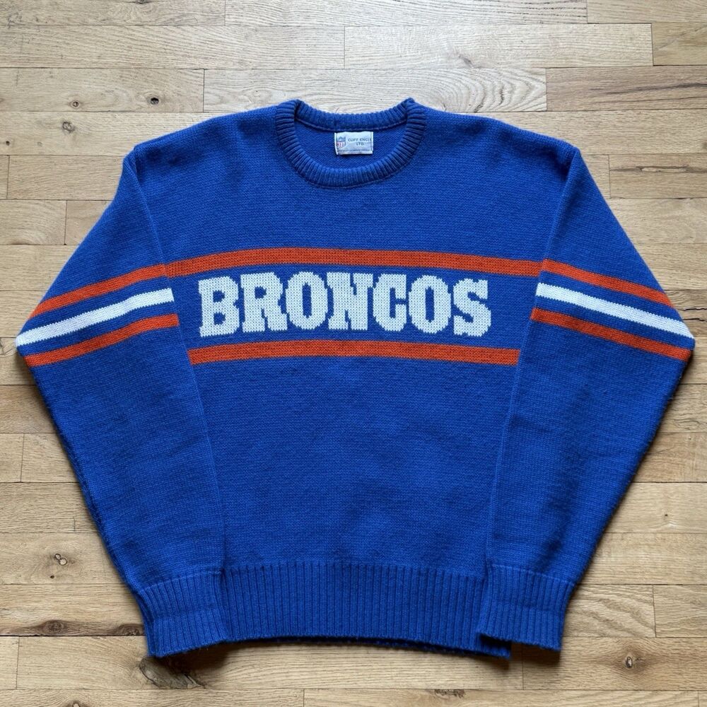 Vintage 80s Denver Broncos Sweater Cliff Engle Mens Medium Blue Orange Knit NFL